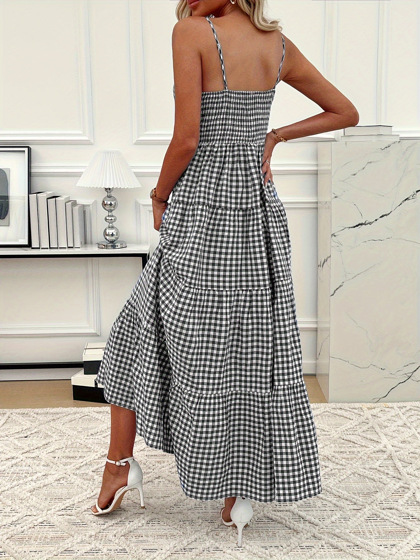 Stampa a reticolo Spaghetti Strap A-Line Cami Dress, orlo a lancia