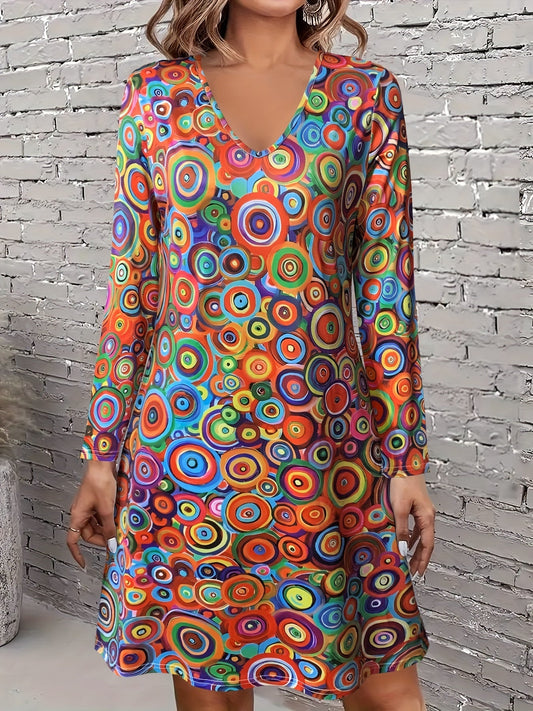 Abito casual colorato - scollo a V, manica lunga, ampio e confortevole per la primavera