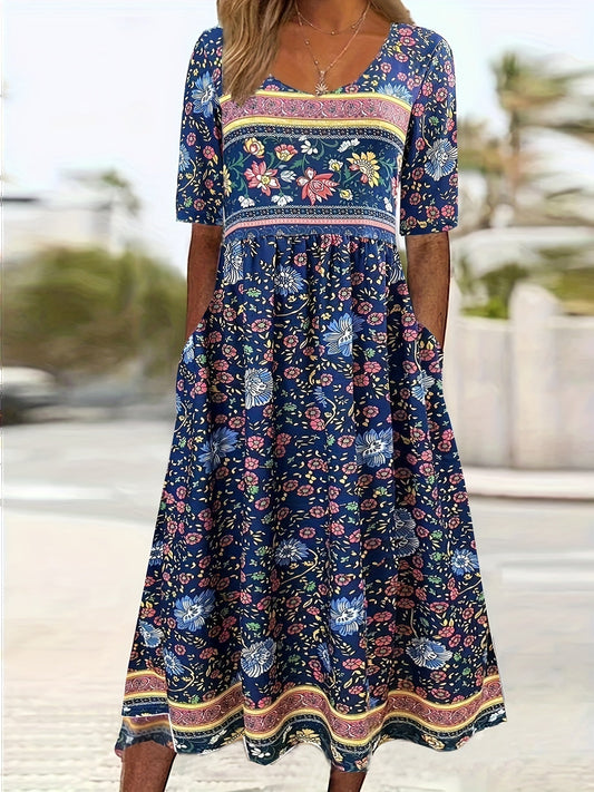 Vestito vintage con stampa floreale boho a vita alta e manica corta per le donne