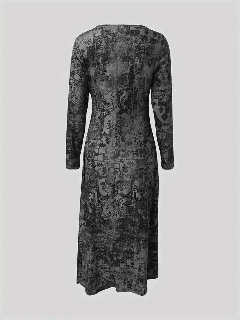 Abito bohémien a maniche lunghe, abito lungo con scollo rotondo per autunno e inverno