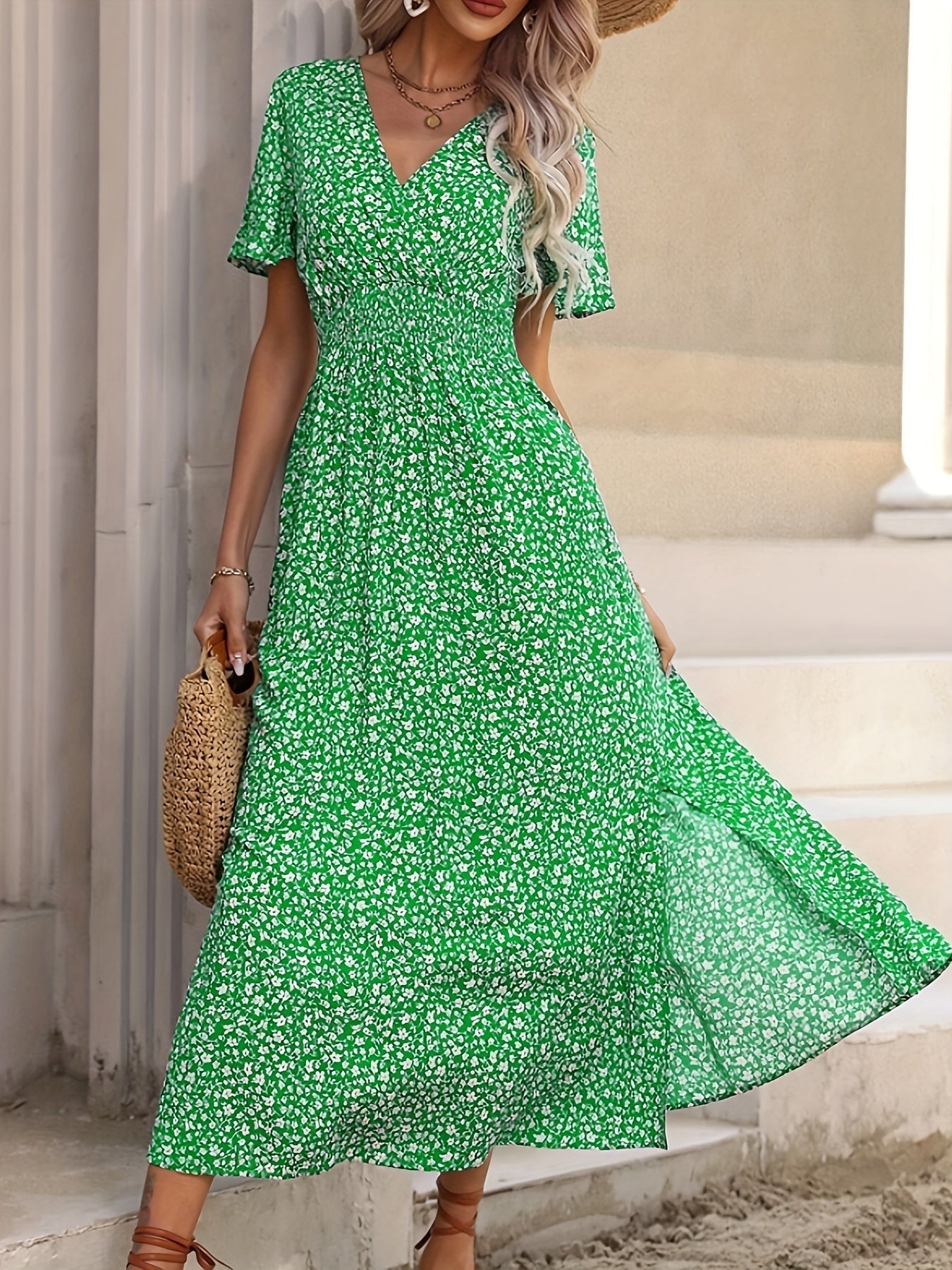 Abito midi con scollo a V floreale e spacco, abito da festa a maniche corte