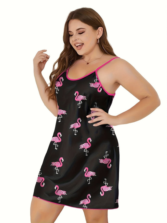 Slip dress in raso da donna plus size - Stampa fenicottero, senza maniche, finiture rosa, lavabile in lavatrice