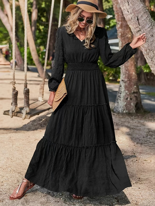 Maxi abito elegante con scollo a V - Abito a maniche lunghe smocked da donna