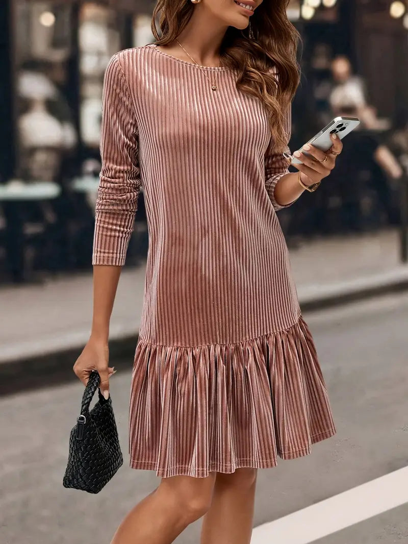 Abito da donna a maniche lunghe in velluto a righe - scollo rotondo, abito midi casual per l'inverno