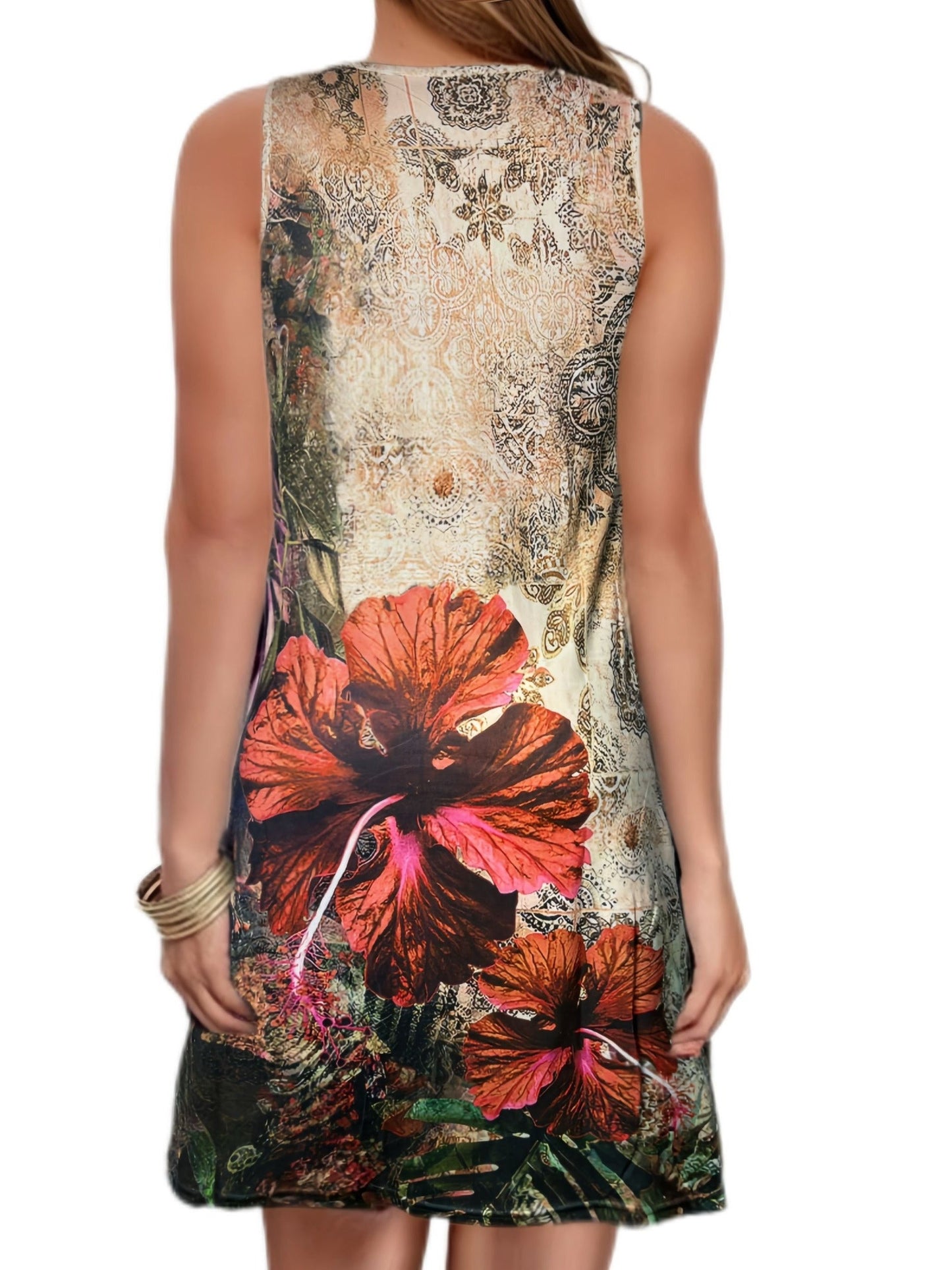 Abito vintage senza maniche - stampa retrò, collo rotondo, fibbia in metallo, design arioso