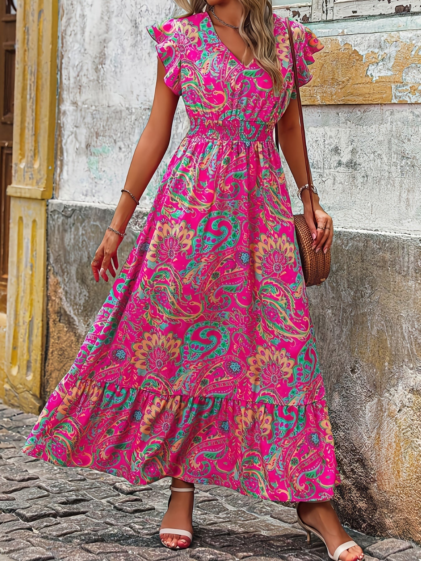 Abito midi rosa da donna con scollo a V e motivo paisley