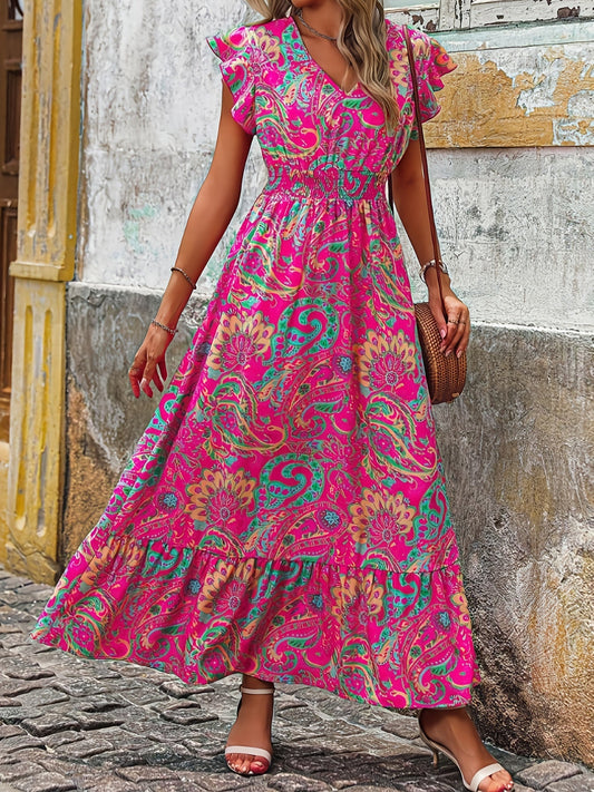 Abito midi rosa da donna con scollo a V e motivo paisley