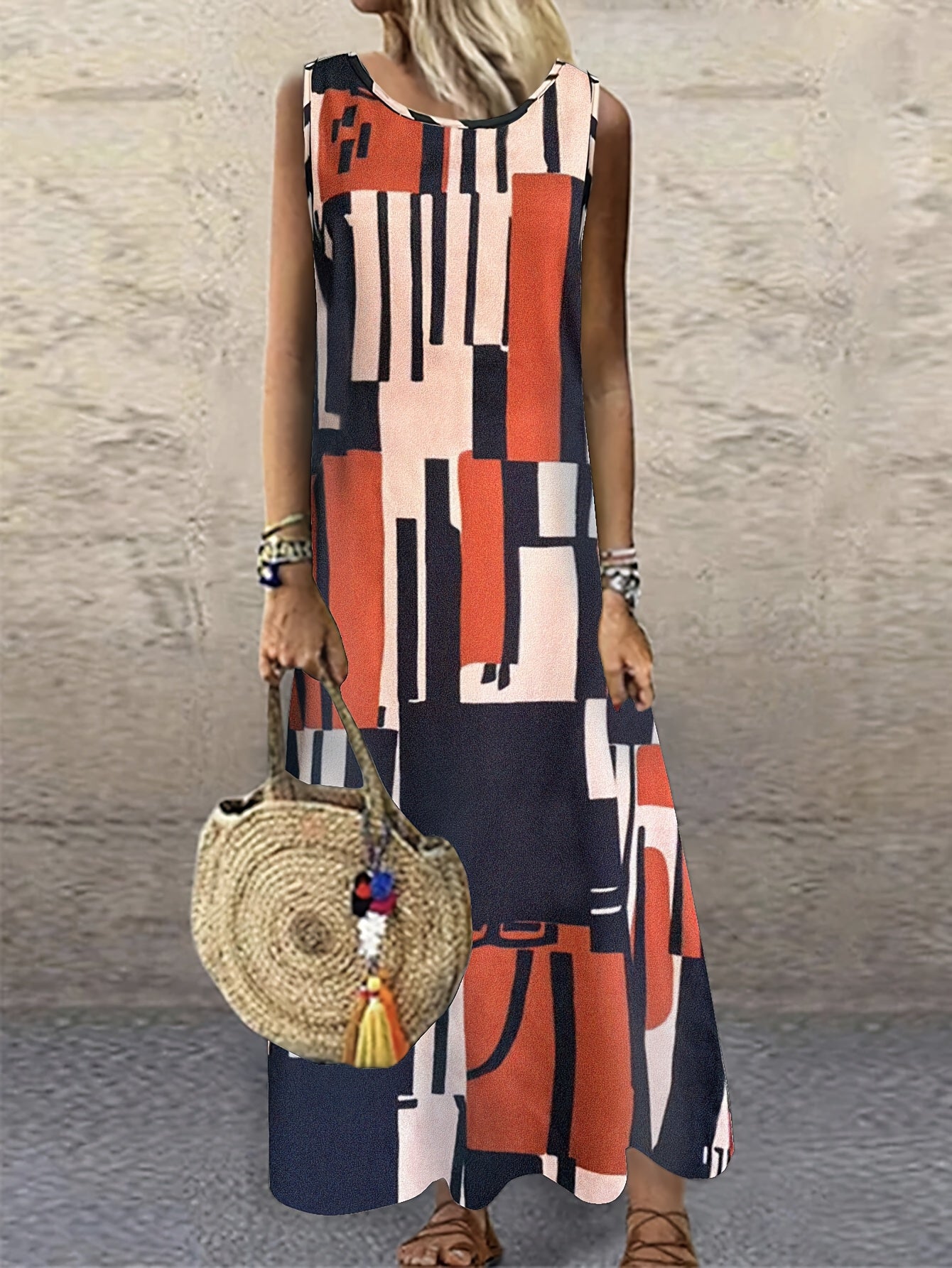 Abito estivo da donna Senza maniche, motivo floreale Sciolto e arioso