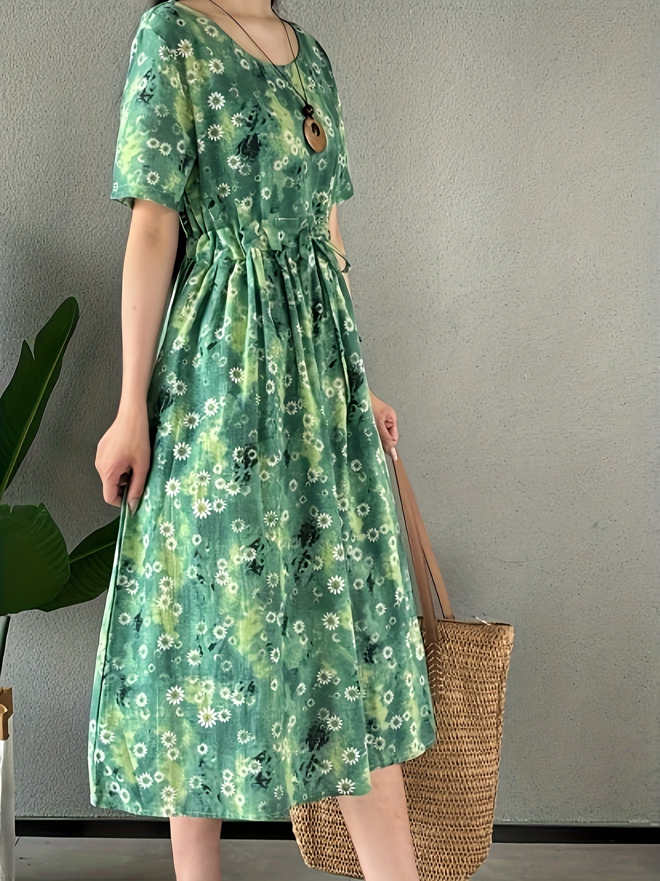 Abito da donna in lino - stampa floreale, scollo rotondo, tasche e comodo abito estivo da indossare tutti i giorni