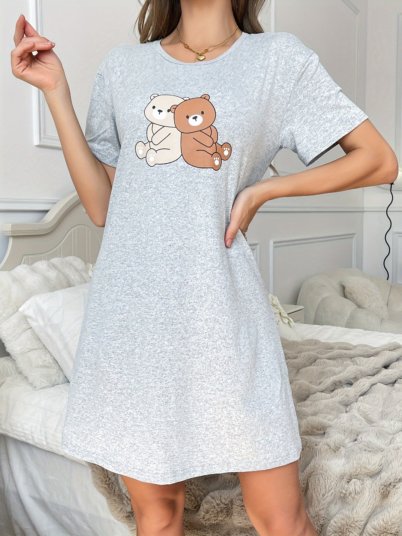 Abito con stampa orso a maniche corte e collo rotondo Casual e confortevole
