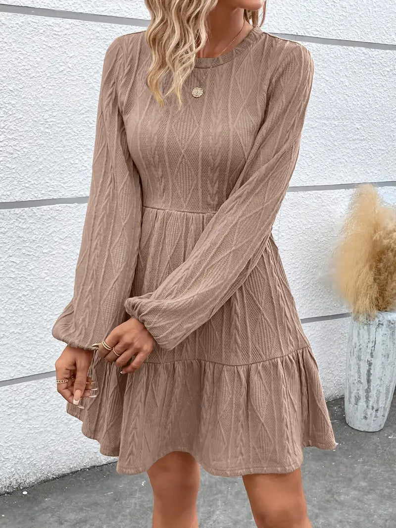 Abito da donna a manica lunga Linea A in maglia a cavi color kaki, elasticizzato