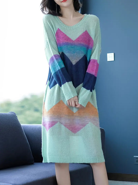 Elegante abito midi in cotone lavorato a maglia - design a blocchi di colore per donna