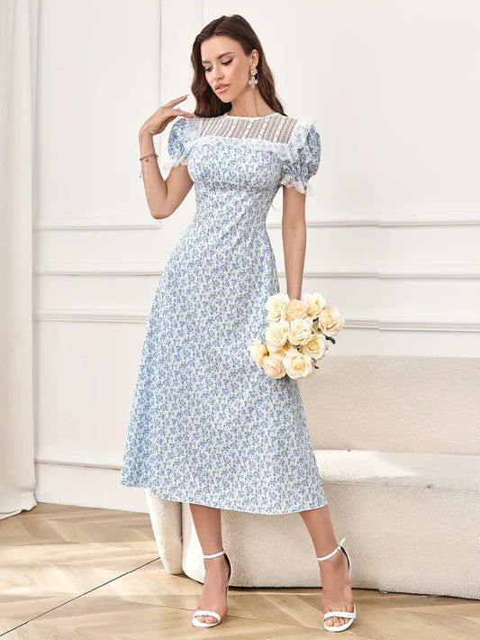 Abito stampato floreale con scollo rotondo in pizzo