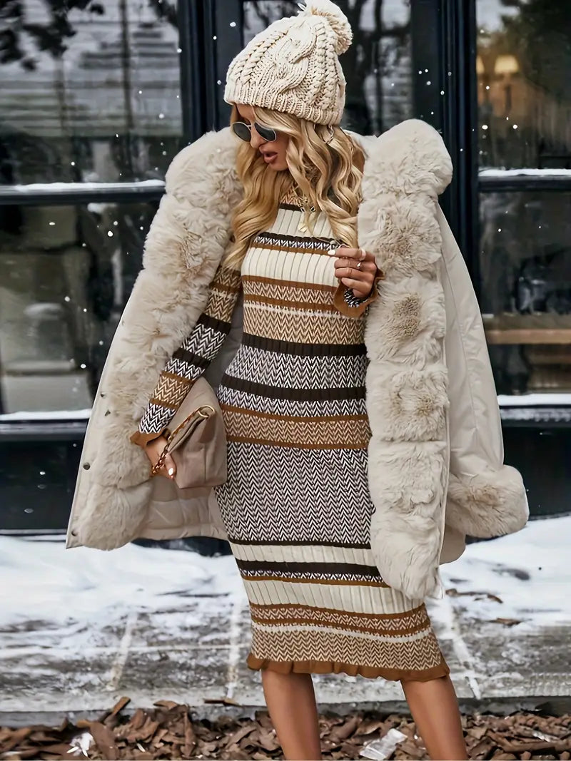 Abito in maglia di cotone a righe - maniche lunghe, orlo increspato, collo rotondo