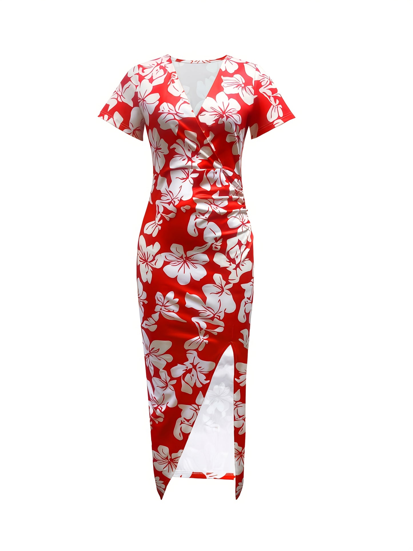 Abito bodycon rosso con motivo floreale Mini scollatura a V Maniche corte