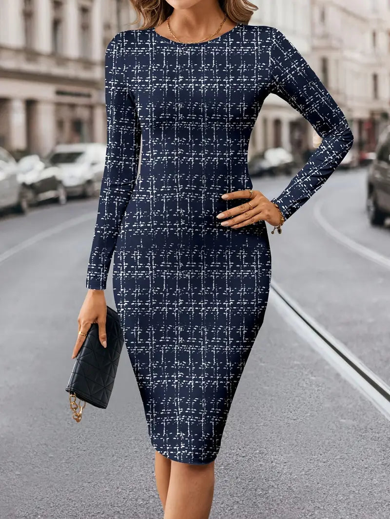 Abito donna a quadri a maniche lunghe - lunghezza al ginocchio, collo rotondo, inverno