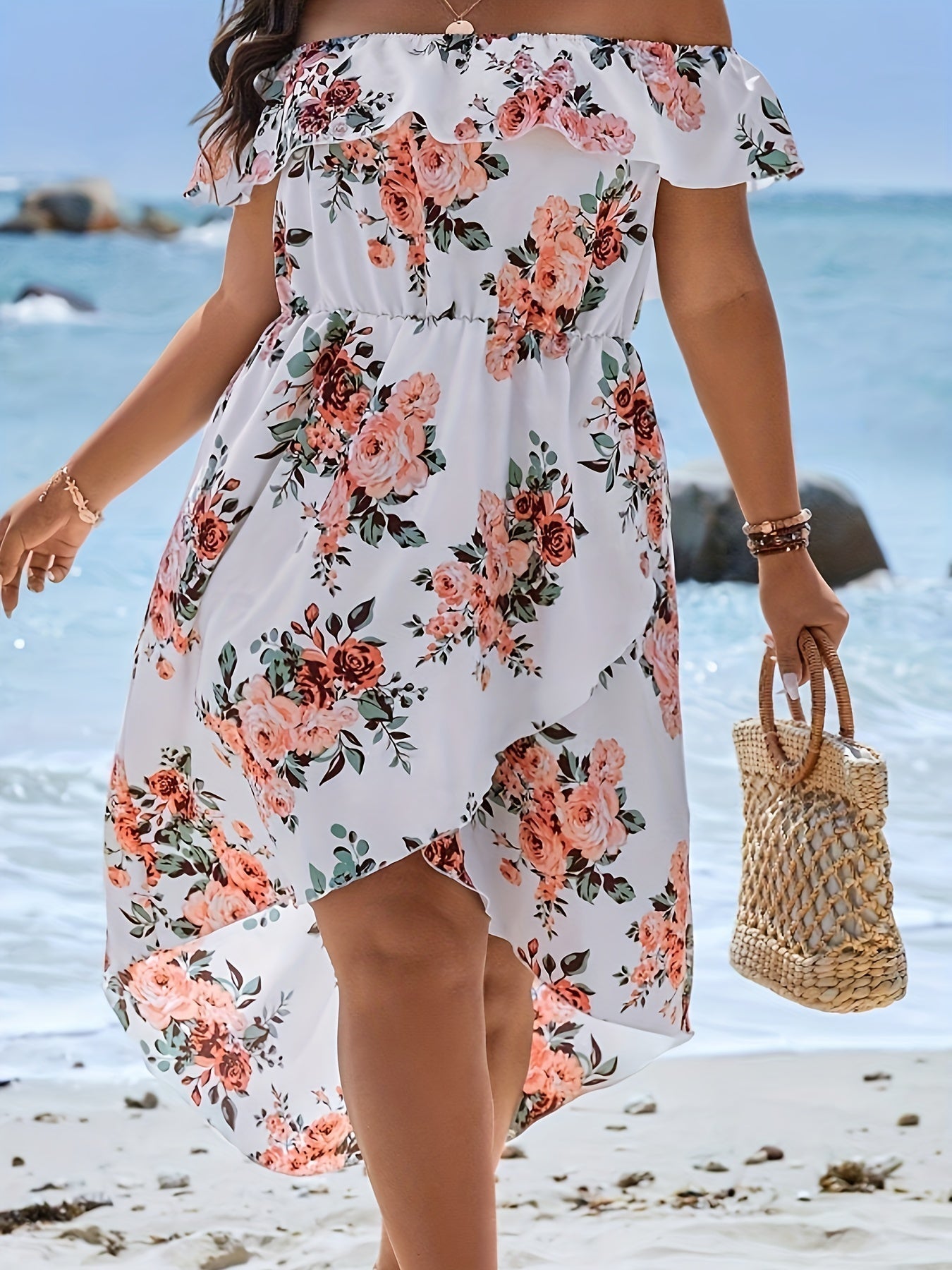 Abito estivo da donna - Abito a portafoglio con stampa floreale, fuori dalla spalla