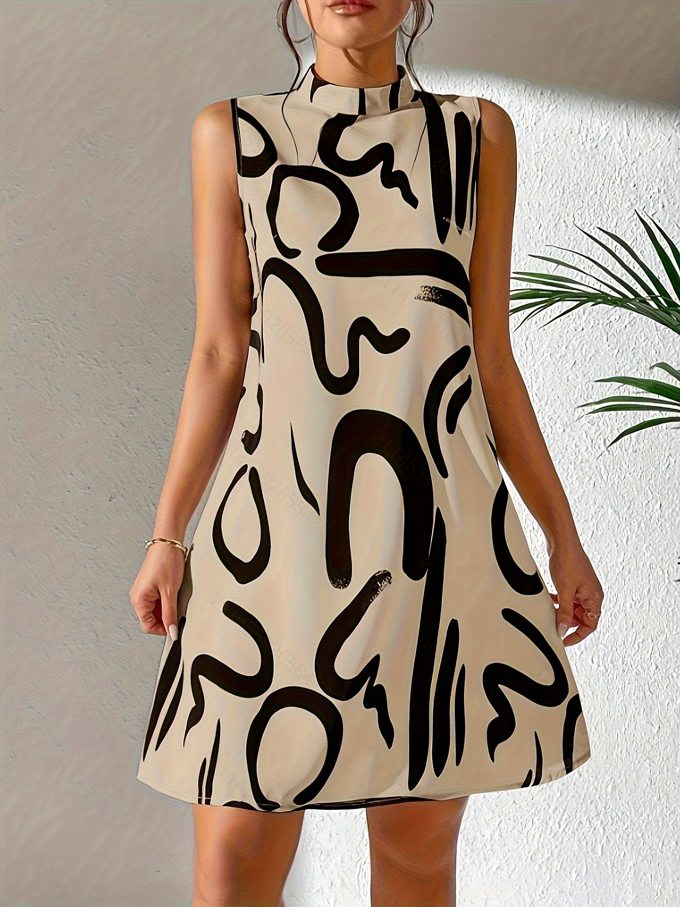 Abito con motivo spazzolato - Collo alla coreana, senza maniche, arioso e casual, perfetto per la primavera e l'estate