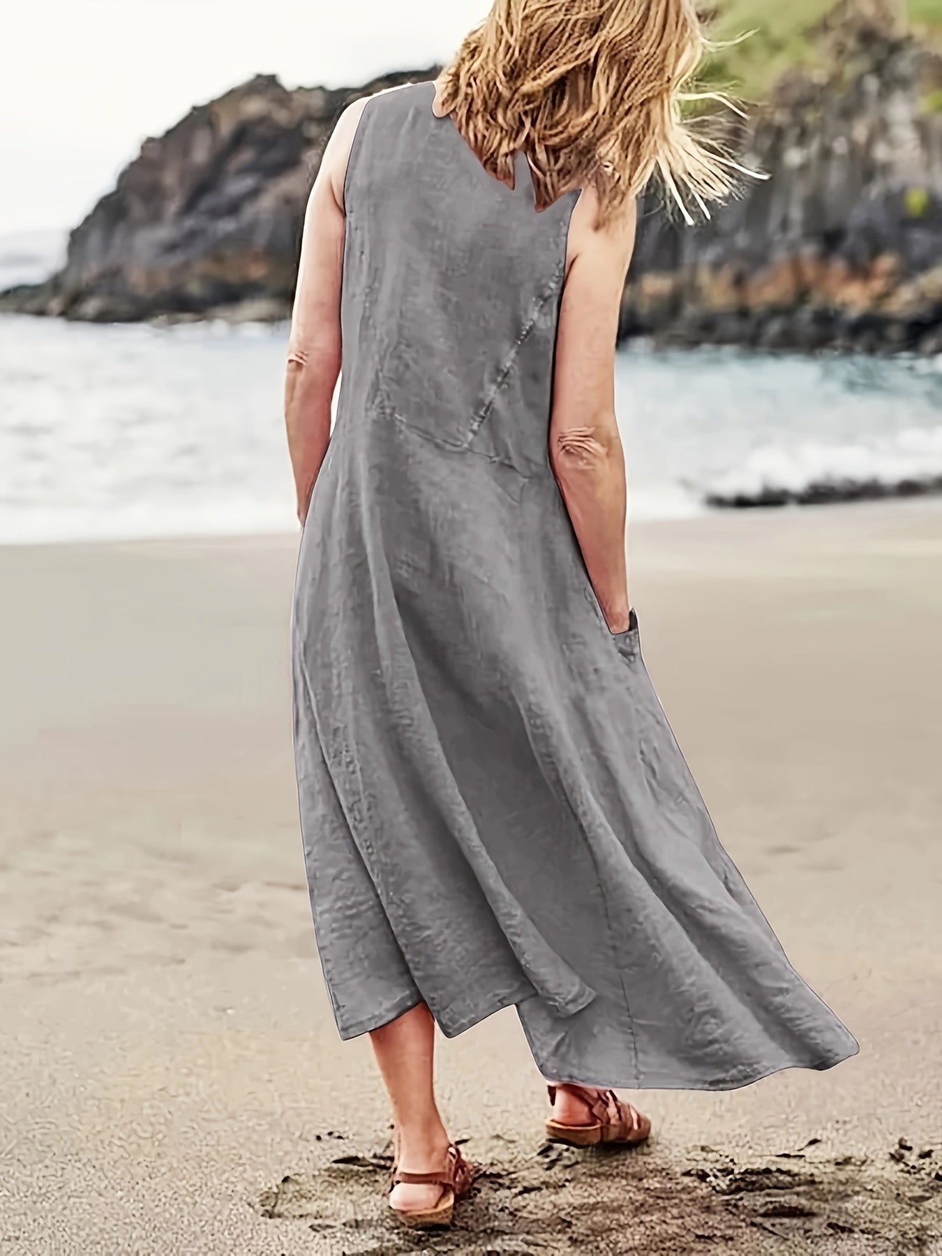 Abito estivo da donna con tasche - Abito casual vintage senza maniche