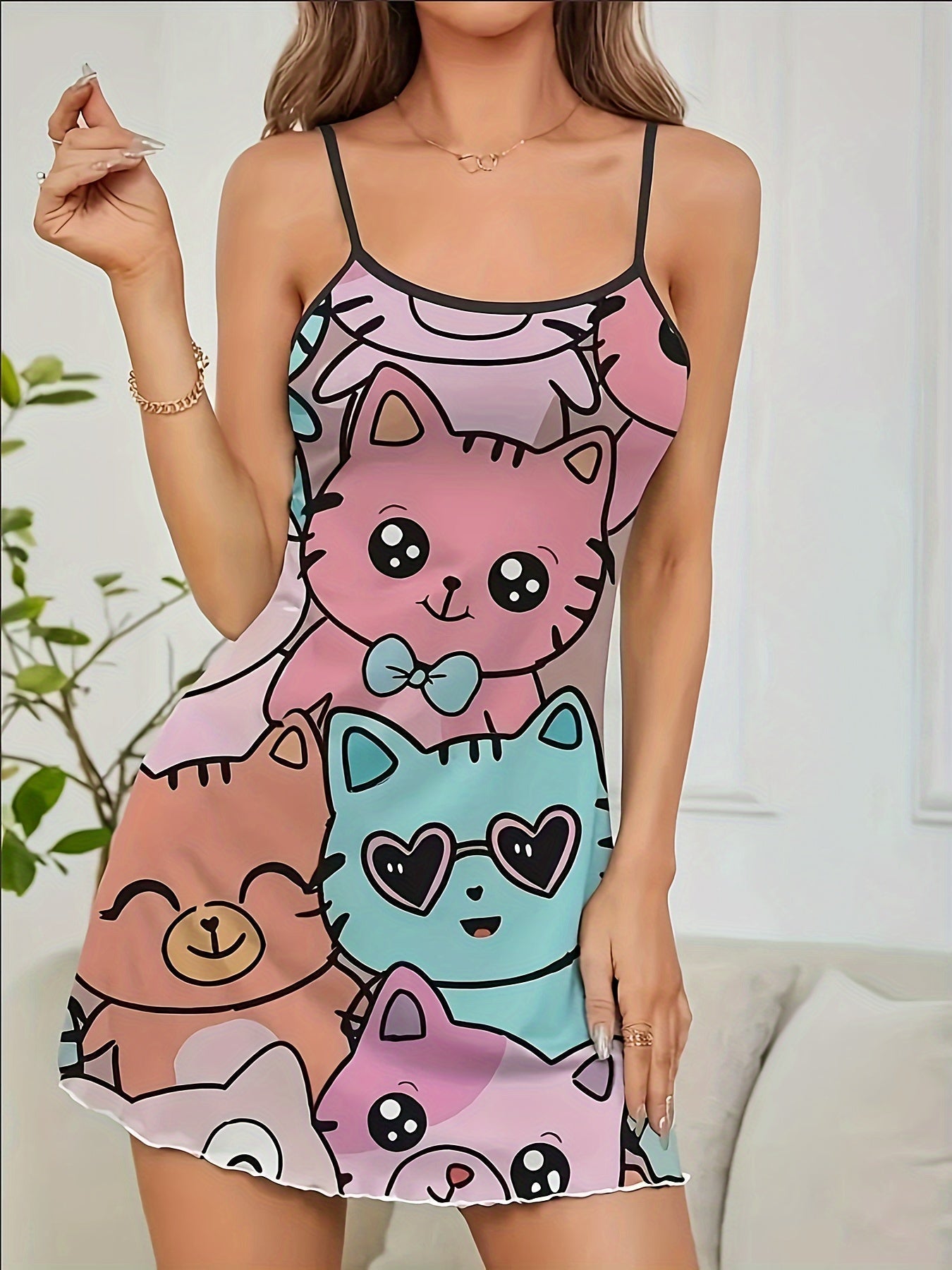 Abito estivo senza spalline - Abito arioso con cinturino a spaghetti e stampa a cartoni animati