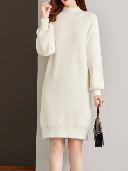 Abito in maglia a maniche lunghe inverno, Elegante abito in maglia a collo tondo