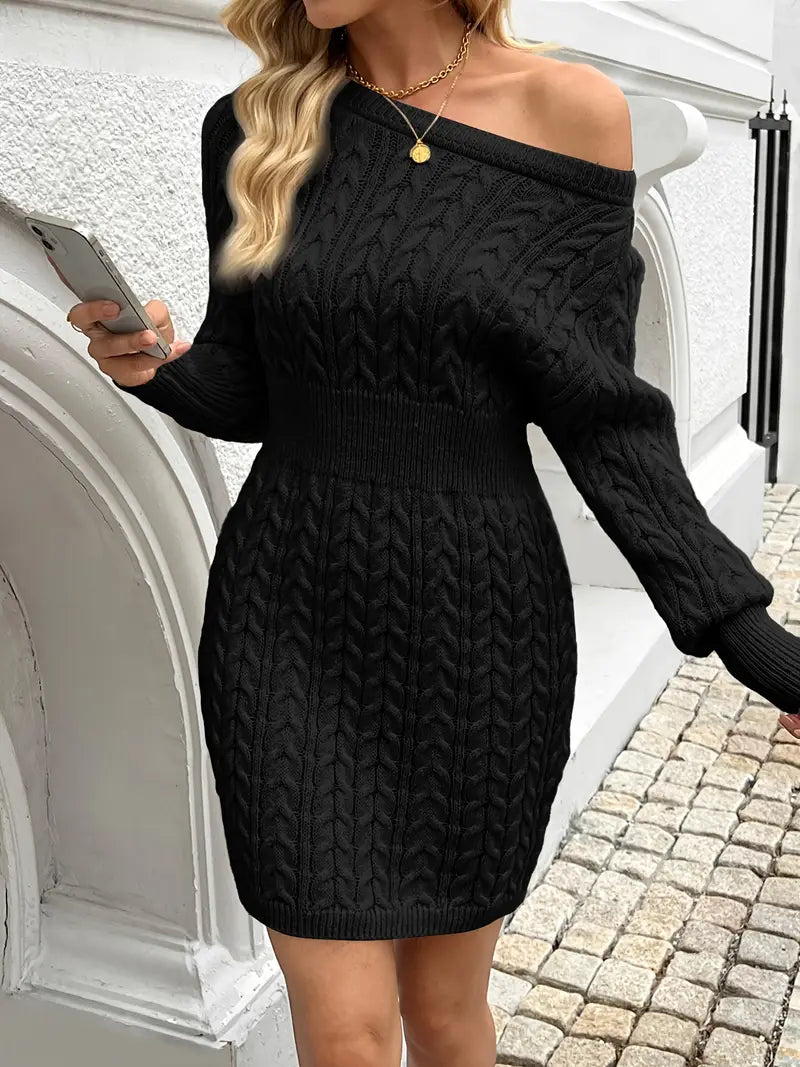 Abito a maniche lunghe in maglia a trecce per donna, semplice abito autunnale con scollo rotondo