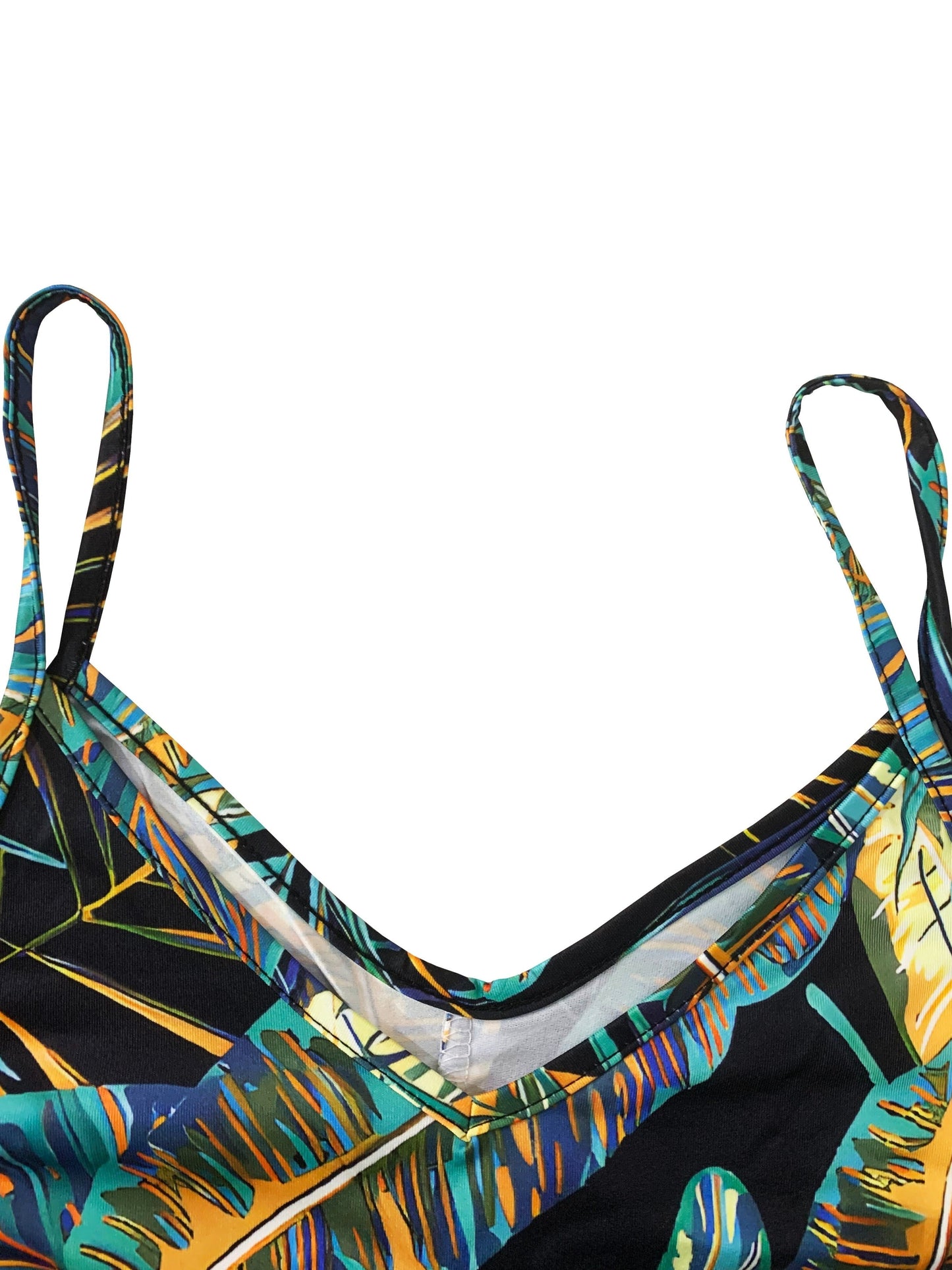 Abito estivo arioso - stampa tropicale, scollo a V, senza schienale, senza maniche