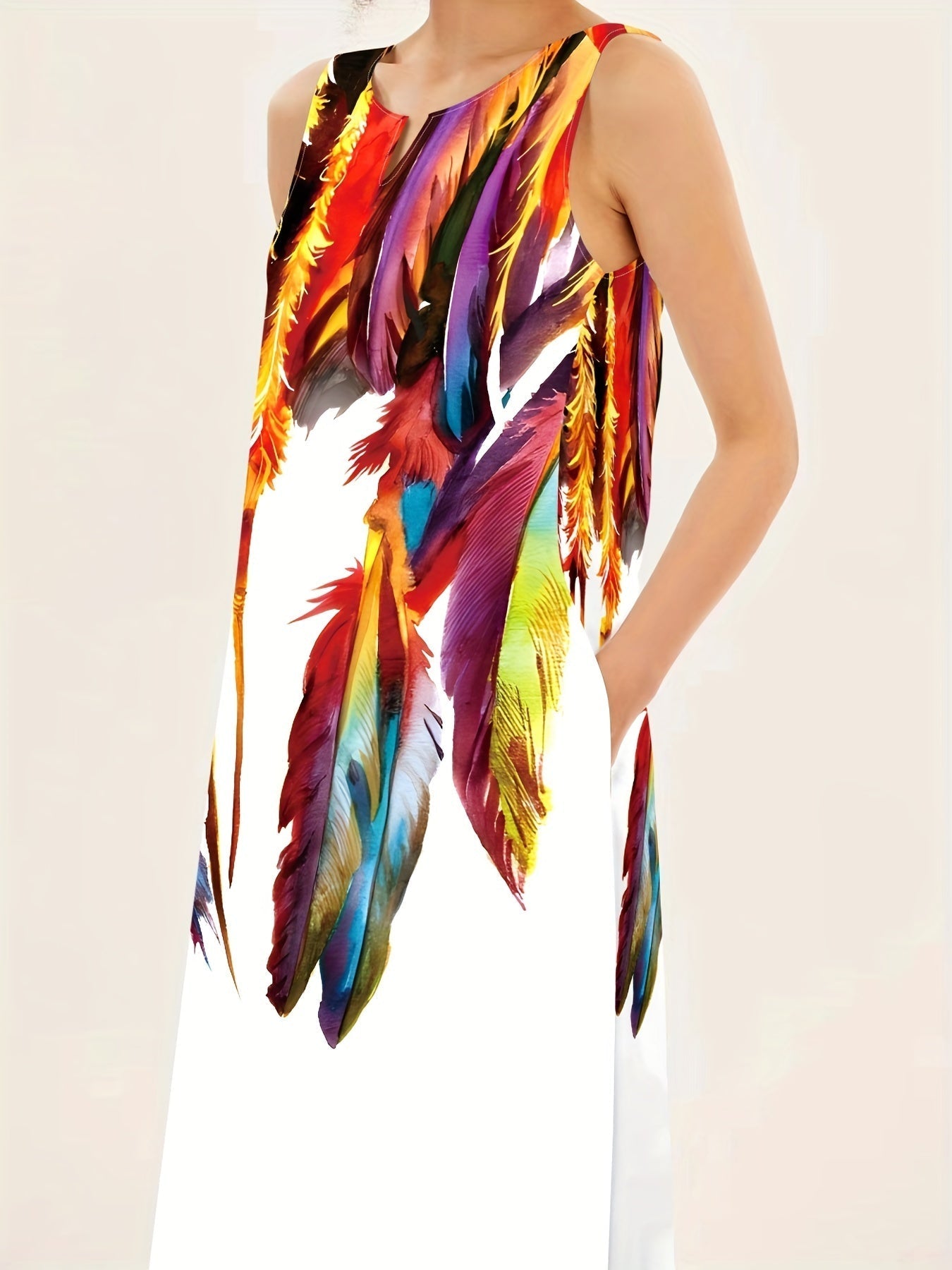 Abito swing bianco con scollo a V e tasche - Abito estivo arioso con linea ad A