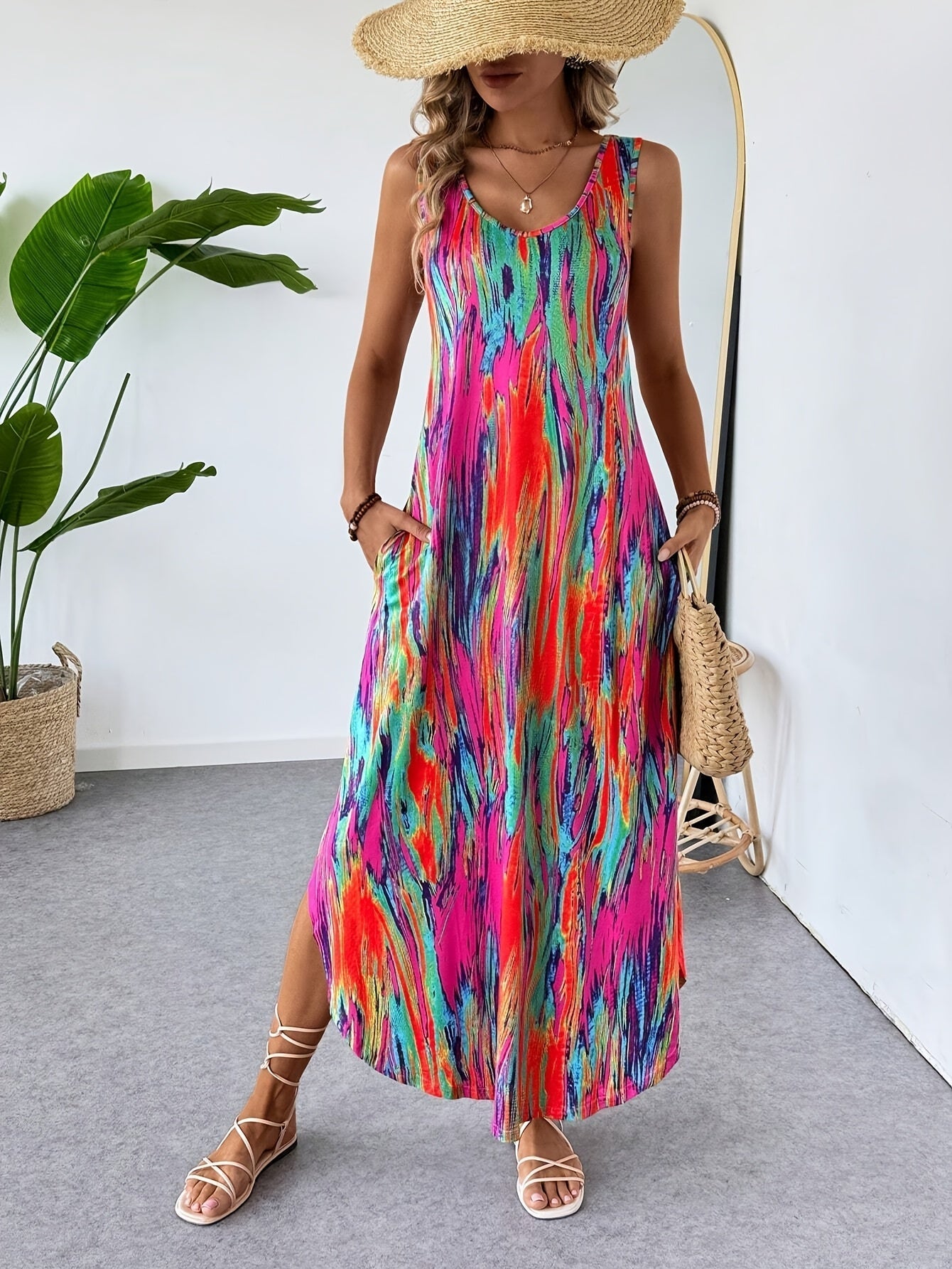 Abito estivo da donna stampato patchwork con scollo rotondo e senza maniche