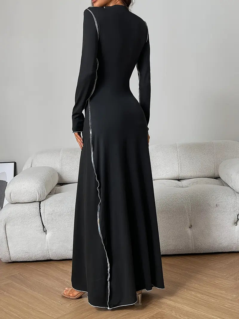 Abito a maniche lunghe con collo alto, design color block, per autunno/inverno