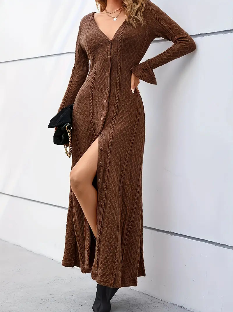 Maxi abito da donna con scollo a V e maniche lunghe con spacco laterale - motivo Paisley