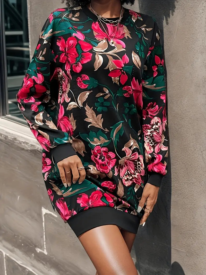 Abito a maniche lunghe con motivo floreale e scollatura boho in stile vintage