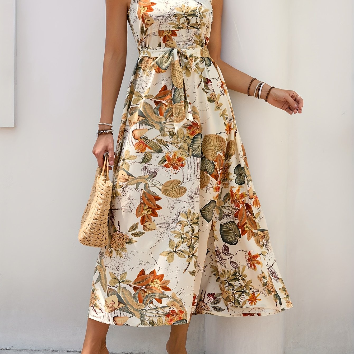 Abito con motivo floreale e cintura, vestito estivo per le vacanze