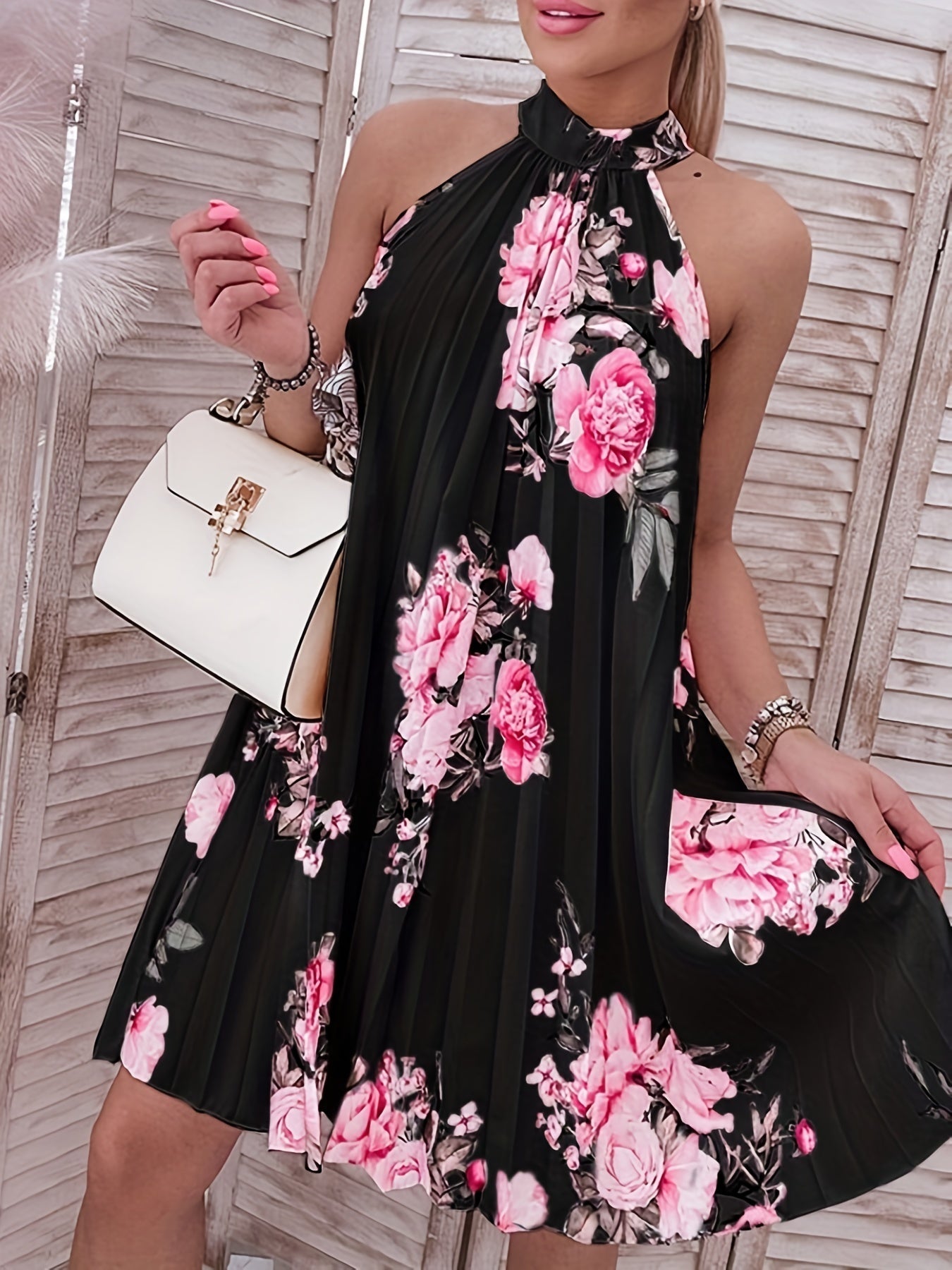 Abito floreale Donna Estate Elegante Abito senza maniche a collo alto