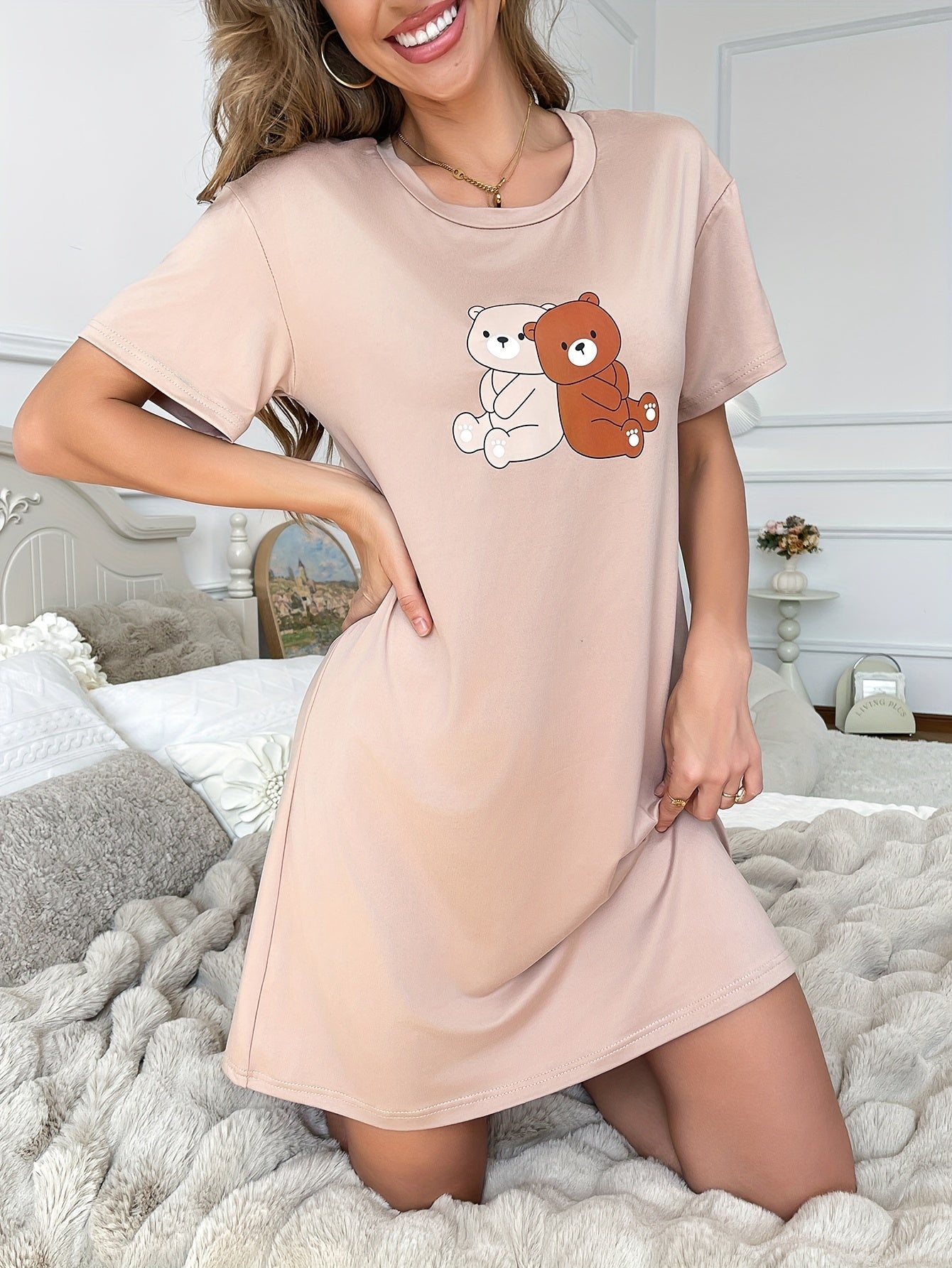 Abito con stampa orso a maniche corte e collo rotondo Casual e confortevole