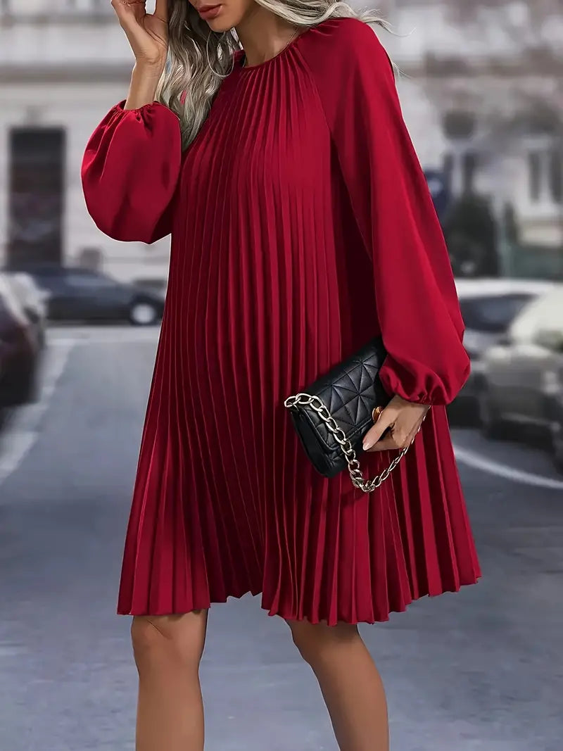 Abito midi chic con scollo rotondo e maniche a lanterna per tutta la stagione