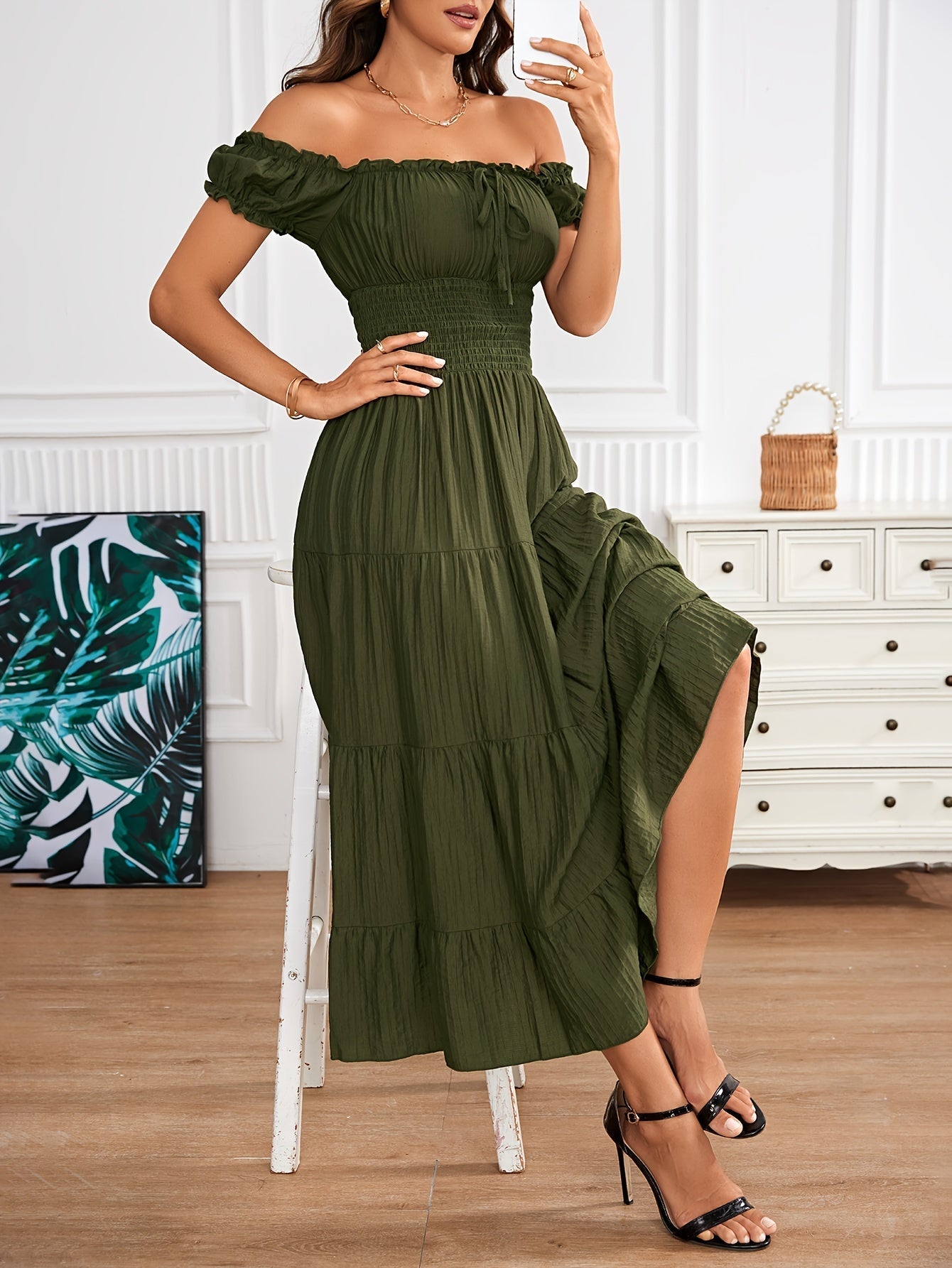 Maxi abito off-the-shoulder - arricciato in vita, linea ad A, arioso abito estivo da donna
