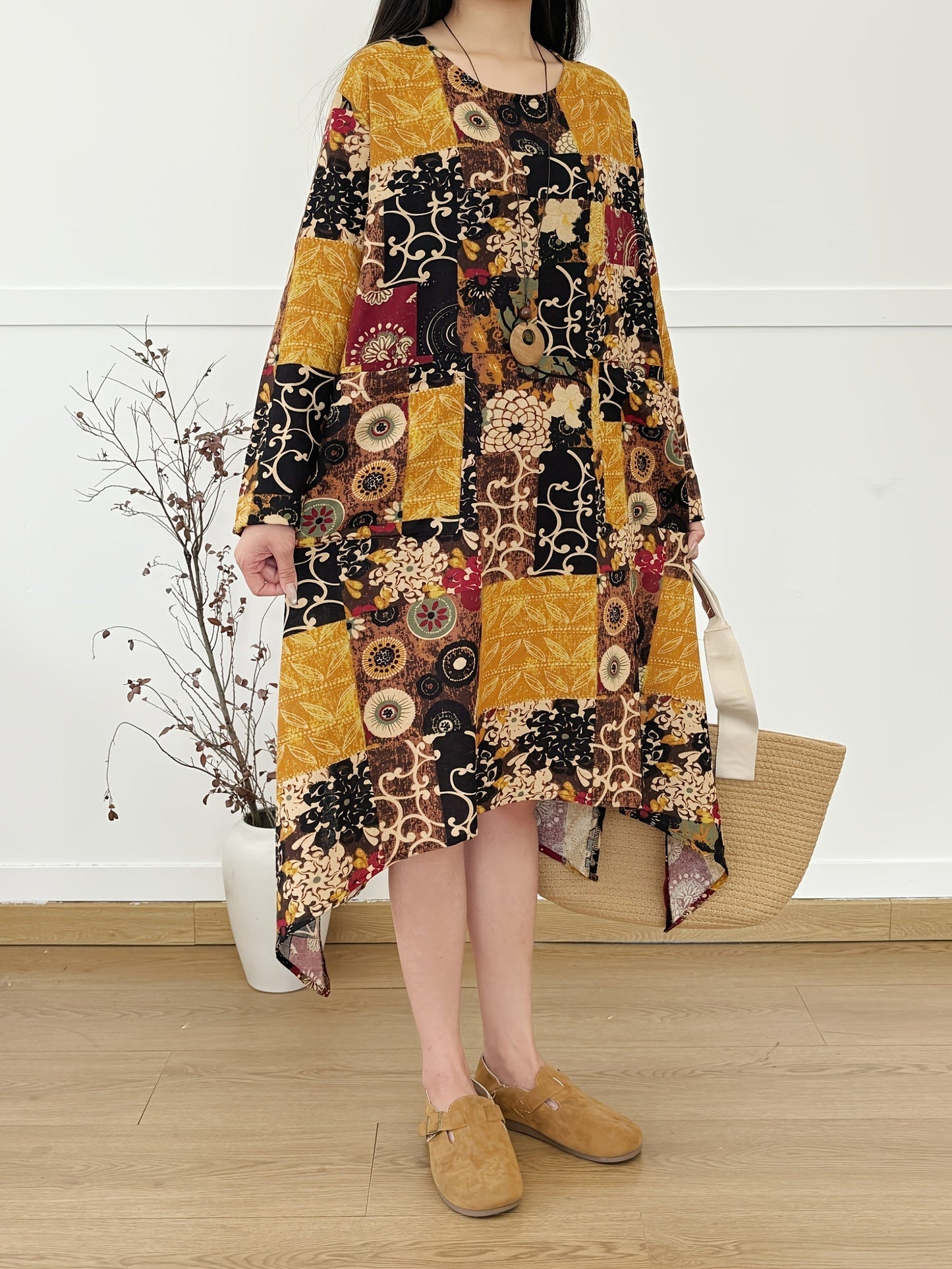 Abito boho a maniche lunghe in lino - stampa vintage, ampio e casual, collo rotondo, tasche