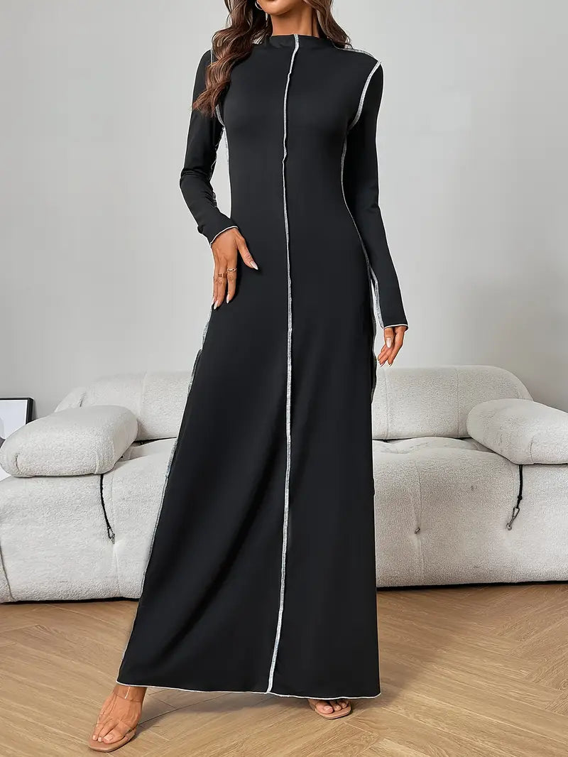 Abito a maniche lunghe con collo alto, design color block, per autunno/inverno