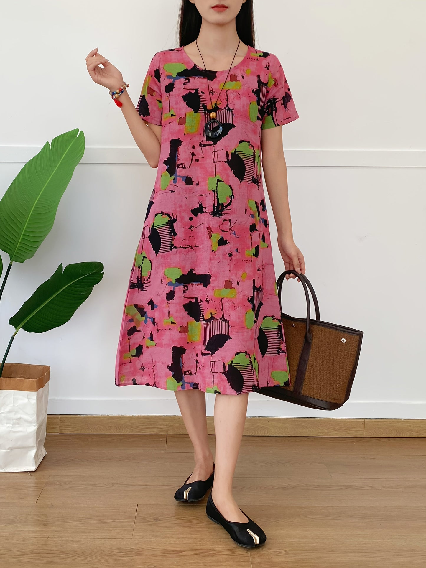 Abito estivo da donna - Abito midi in misto lino con tasche e scollo rotondo