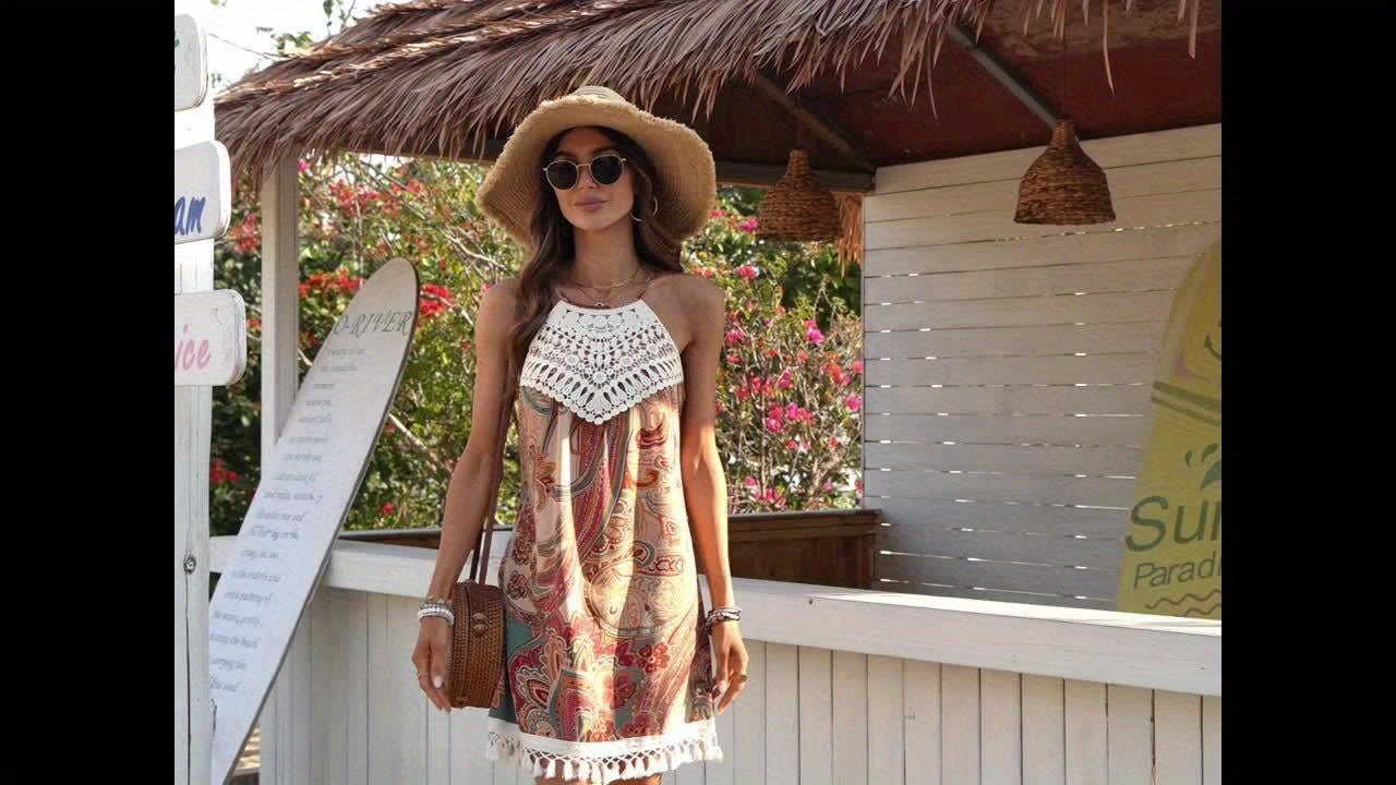 Abito estivo con stampa paisley, collo alto, senza maniche, leggero ed elegante