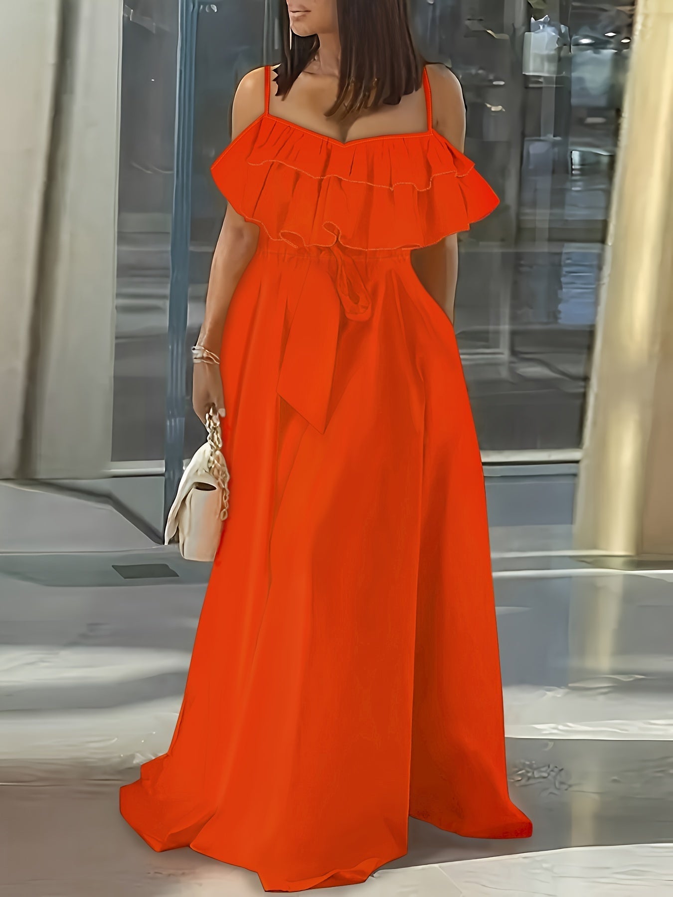 Maxi abito da donna - Abito estivo senza maniche con volant e vita a cravatta