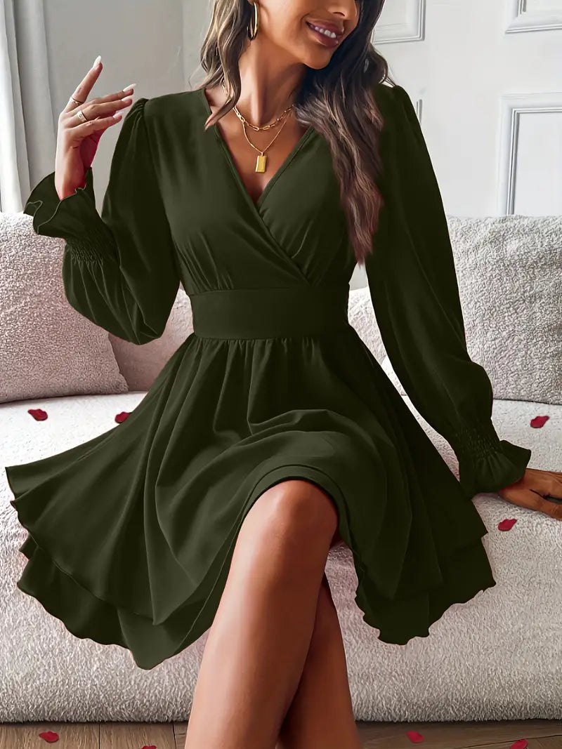 Abito elegante con scollo a V e maniche lunghe da donna