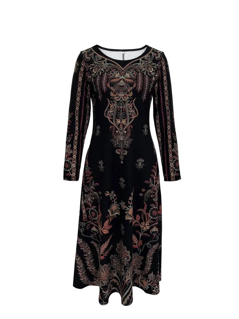 Abito nero a maniche lunghe con motivo floreale - Abito casual elegante