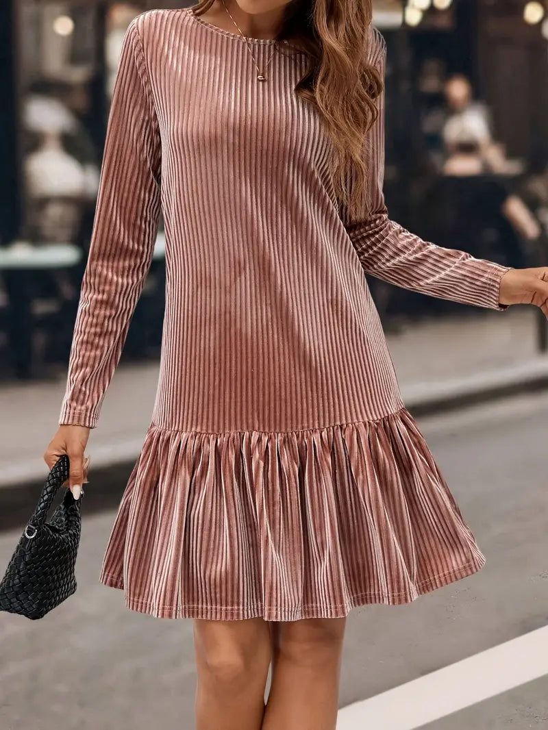 Abito da donna a maniche lunghe in velluto a righe - scollo rotondo, abito midi casual per l'inverno