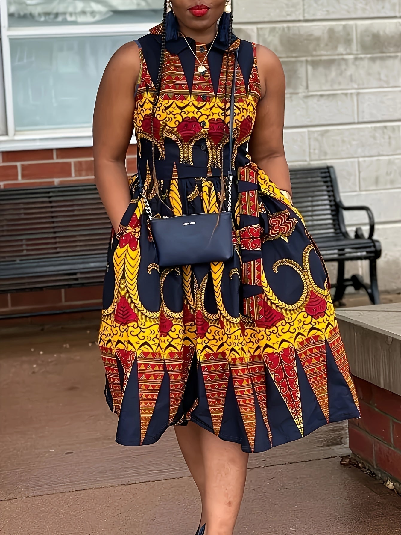 Abito floreale plus size da donna - abbottonatura, senza maniche, estate e vacanze