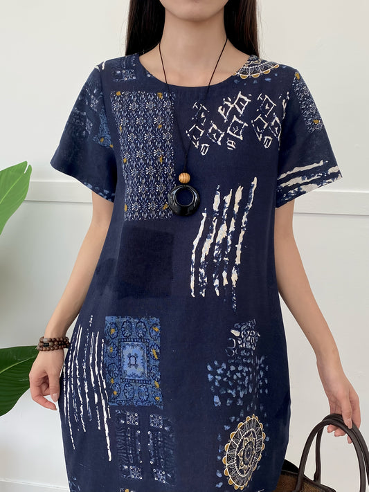 Abito estivo casual da donna - lino, maniche corte, collo rotondo e pratiche tasche