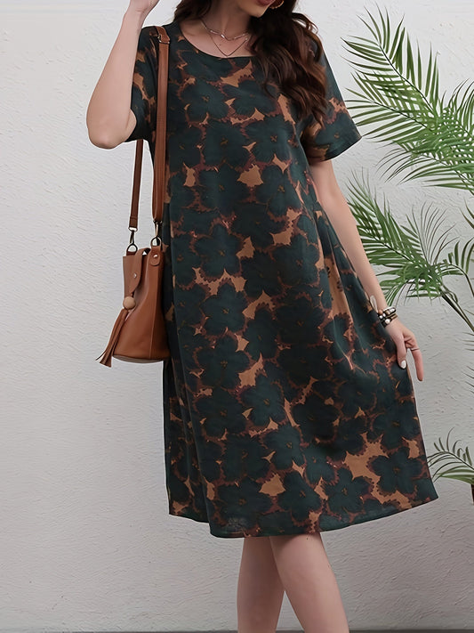 Abito floreale in lino da donna - lunghezza al ginocchio, scollo rotondo, maniche corte, tasche e perfetto per la primavera