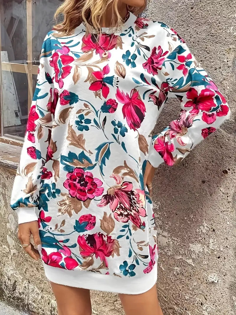 Abito a maniche lunghe con motivo floreale e scollatura boho in stile vintage