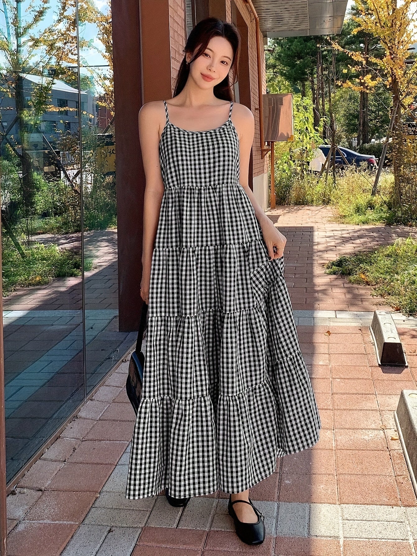 Stampa a reticolo Spaghetti Strap A-Line Cami Dress, orlo a lancia